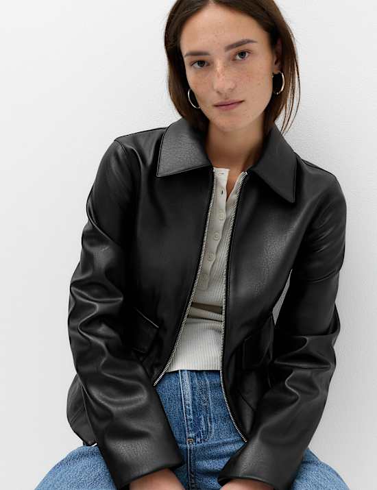 Faux Leather Zip Through Harrington Jacket