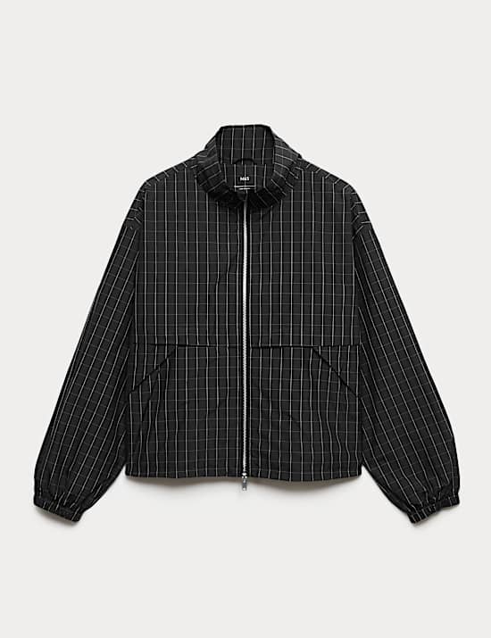 Checked Funnel Neck Windbreaker Jacket