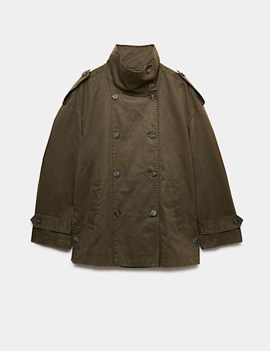 Waxed Cotton Rich Double Breasted Utility Jacket