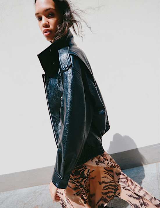 Faux Leather Funnel Neck Bomber Jacket