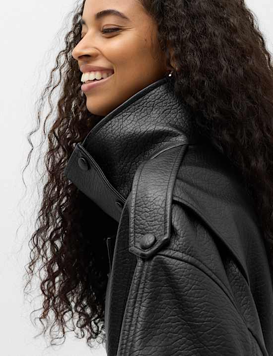 Faux Leather Funnel Neck Bomber Jacket