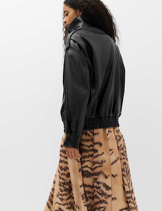 Faux Leather Funnel Neck Bomber Jacket