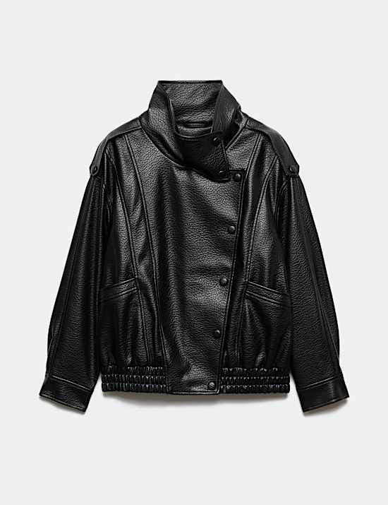 Faux Leather Funnel Neck Bomber Jacket