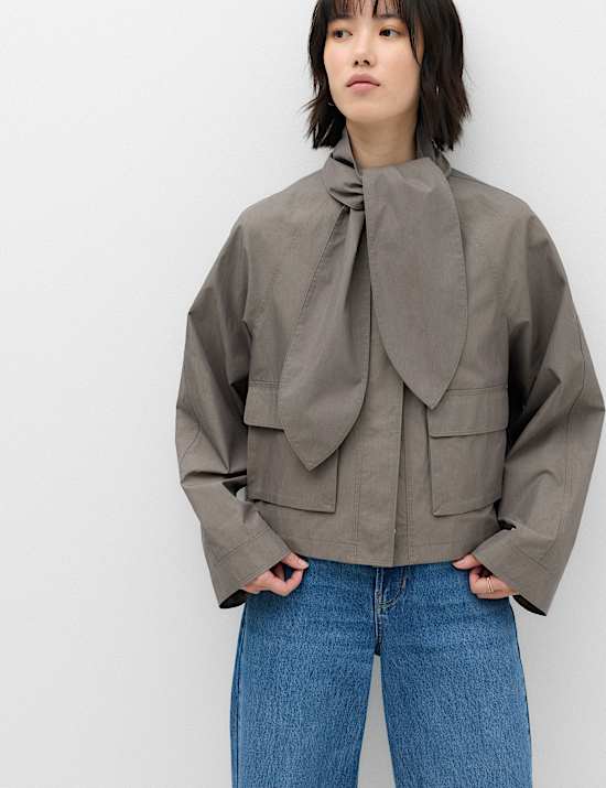 Cotton Rich Tie Neck Cropped Jacket