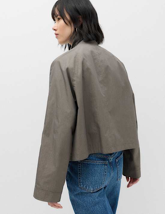Cotton Rich Tie Neck Cropped Jacket