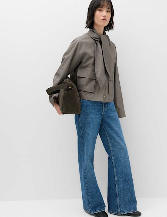 Cotton Rich Tie Neck Cropped Jacket