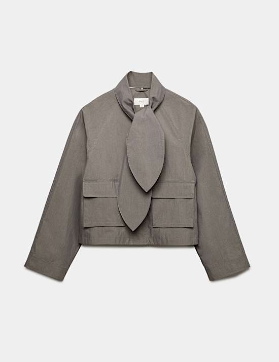 Cotton Rich Tie Neck Cropped Jacket