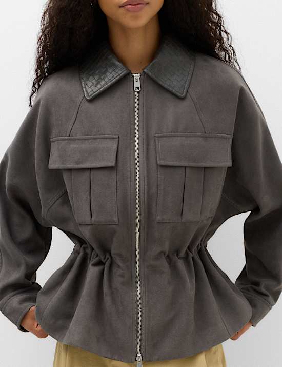 Suedette Collared Peplum Utility Jacket