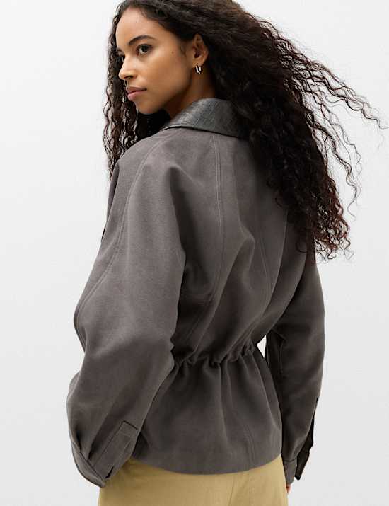 Suedette Collared Peplum Utility Jacket