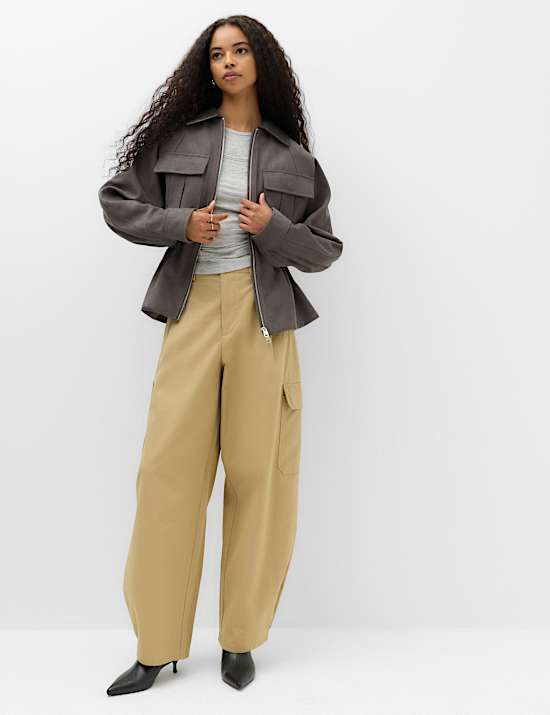 Suedette Collared Peplum Utility Jacket