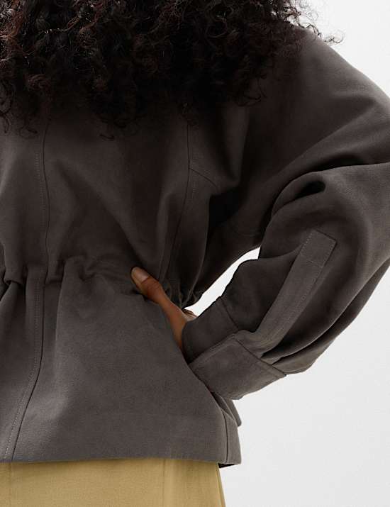 Suedette Collared Peplum Utility Jacket