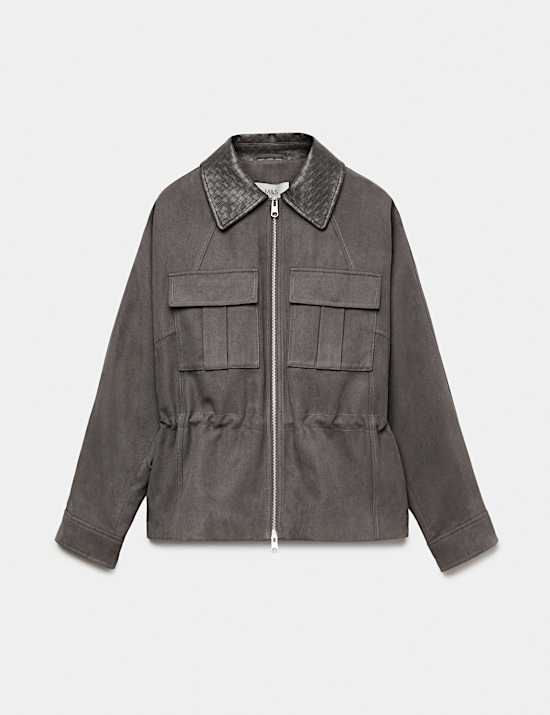 Suedette Collared Peplum Utility Jacket