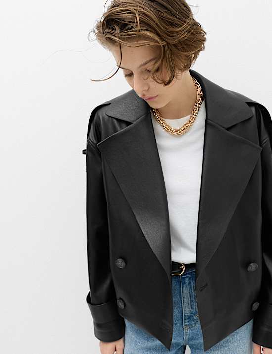 Faux Leather Revere Collar Short Jacket