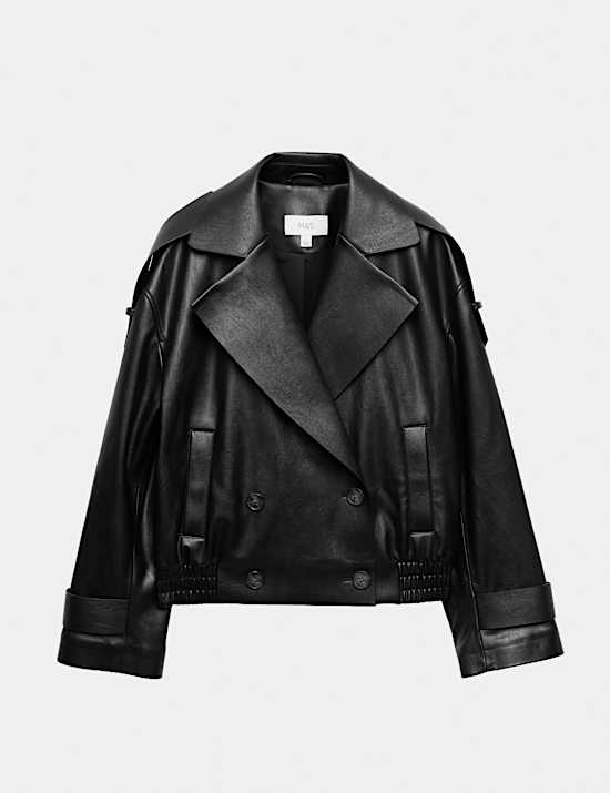 Faux Leather Revere Collar Short Jacket