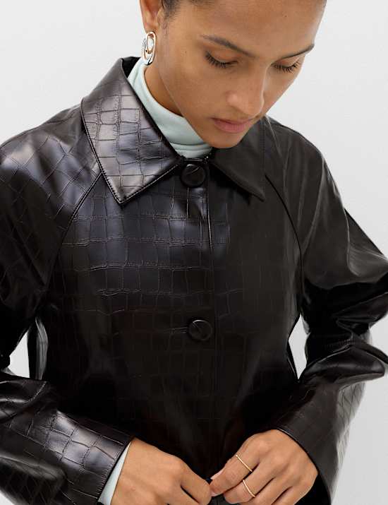 Faux Leather Croc Effect Longline Car Coat