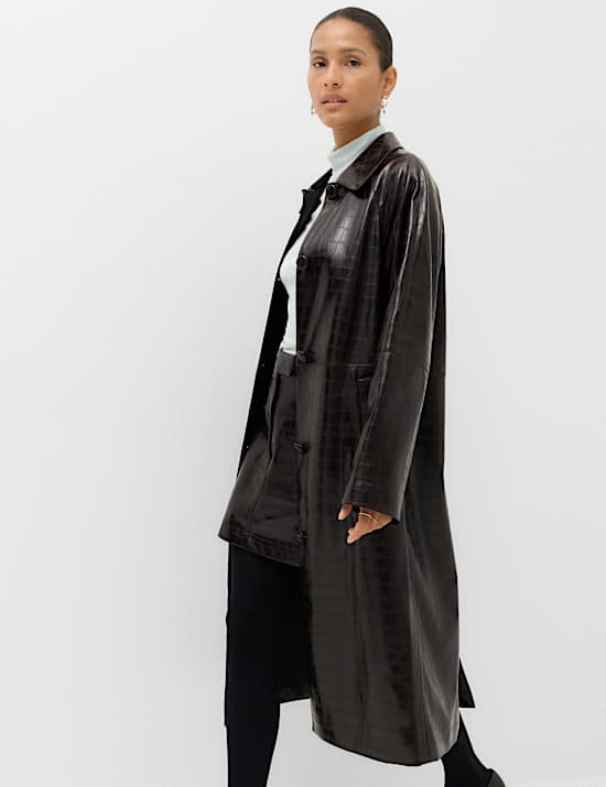 Faux Leather Croc Effect Longline Car Coat