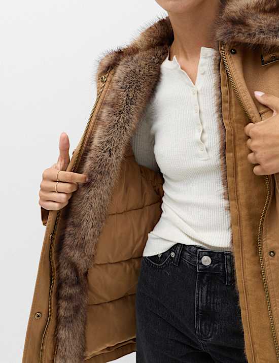 Chaqueta estilo parka 100 % algod&oacute;n con ribete de piel sint&eacute;tica