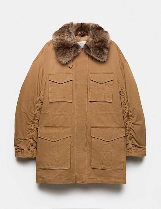 Chaqueta estilo parka 100 % algod&oacute;n con ribete de piel sint&eacute;tica