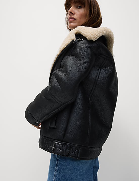 Faux Shearling Borg Lined Aviator Jacket