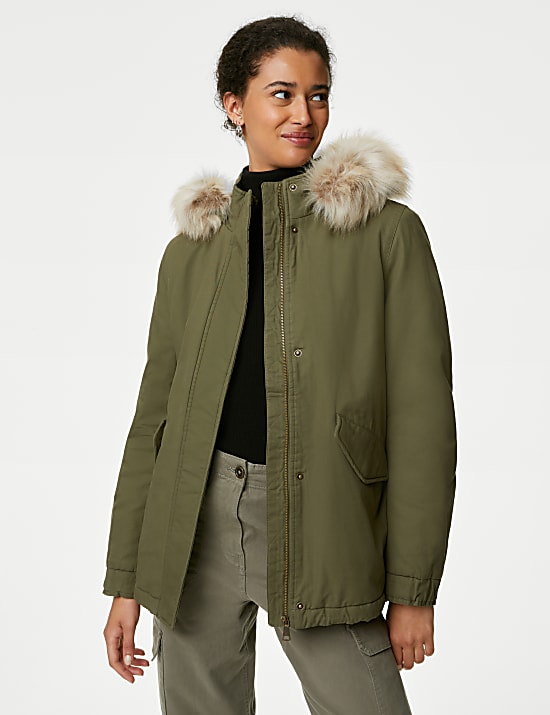 Cotton Rich Hooded Borg Lined Parka Coat