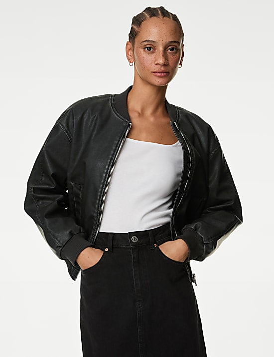 Faux Leather Aged Bomber Jacket