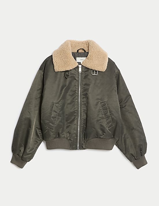 Blouson d’aviateur imitation peau de mouton à motif texturé avec encolure