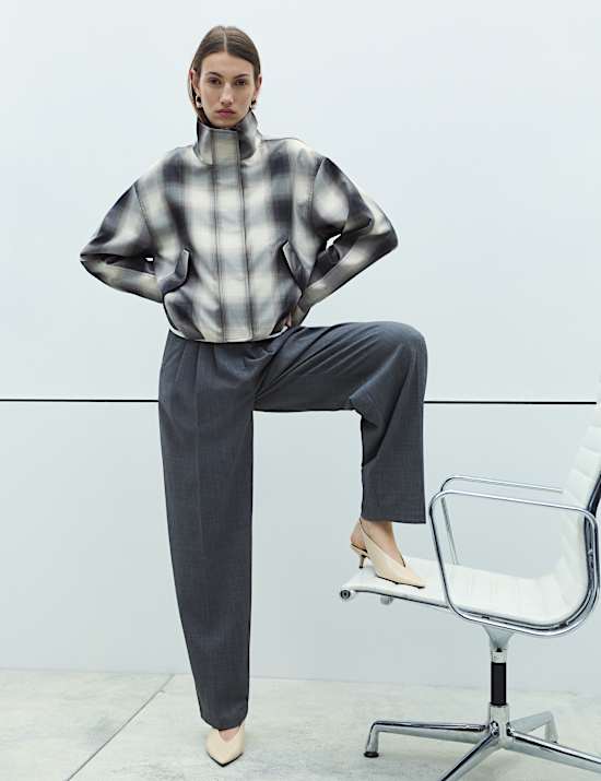 Checked Bubble Hem Funnel Neck Jacket