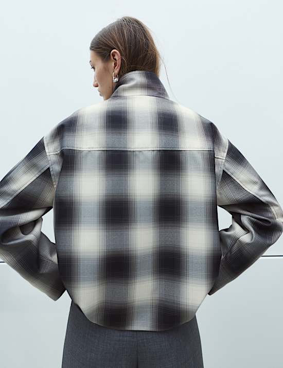 Checked Bubble Hem Funnel Neck Jacket