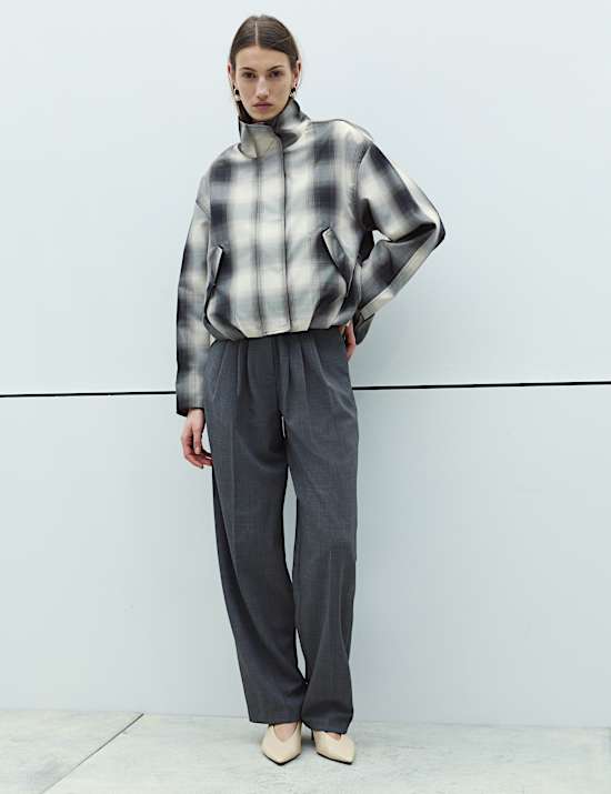 Checked Bubble Hem Funnel Neck Jacket