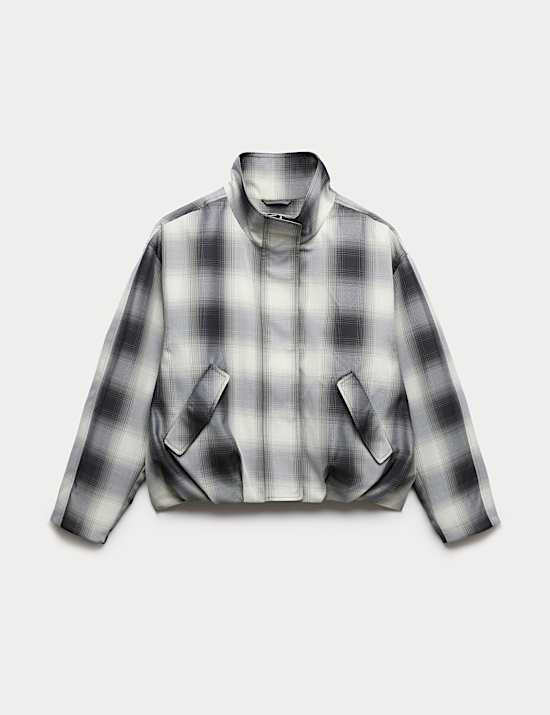 Checked Bubble Hem Funnel Neck Jacket