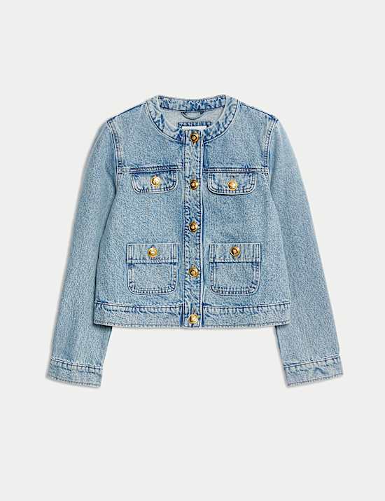 Denim Collarless Short Jacket