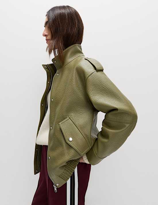 Faux Leather Textured Longline Bomber Jacket