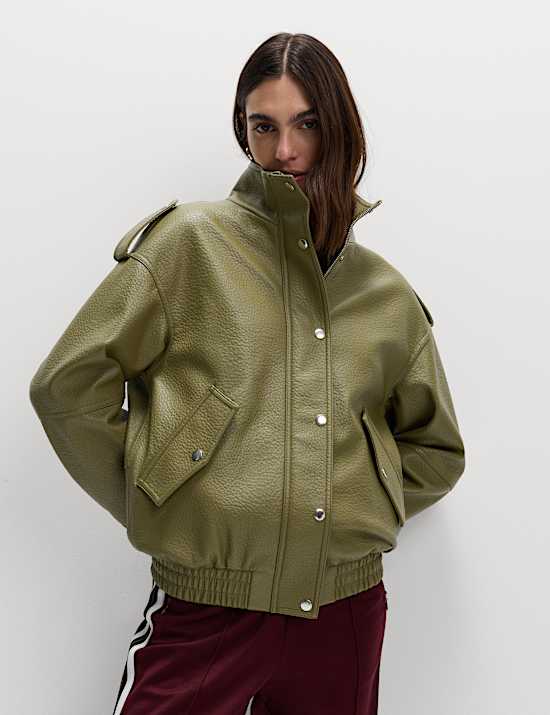 Faux Leather Textured Longline Bomber Jacket