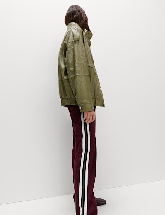 Faux Leather Textured Longline Bomber Jacket