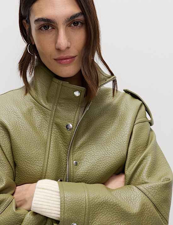 Faux Leather Textured Longline Bomber Jacket