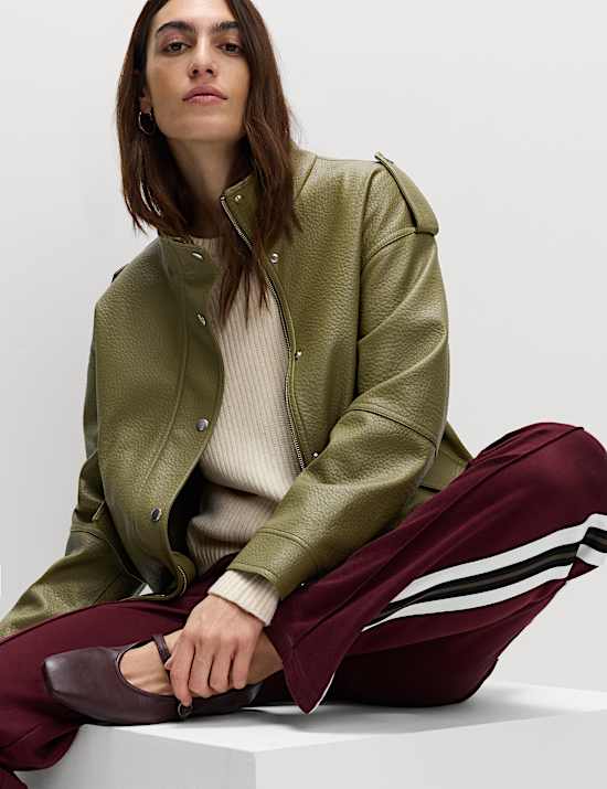 Faux Leather Textured Longline Bomber Jacket