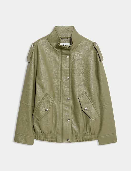 Faux Leather Textured Longline Bomber Jacket
