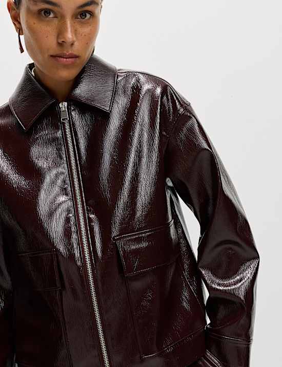 Faux Leather Lacquered Harrington Jacket