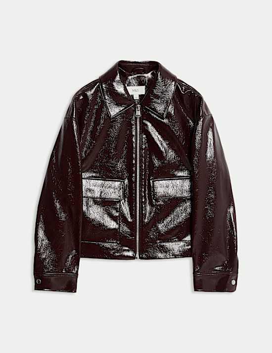 Faux Leather Lacquered Harrington Jacket