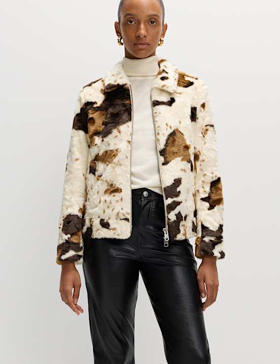 Faux Fur Cow Print Trucker Jacket
