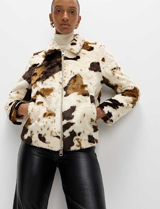 Faux Fur Cow Print Trucker Jacket