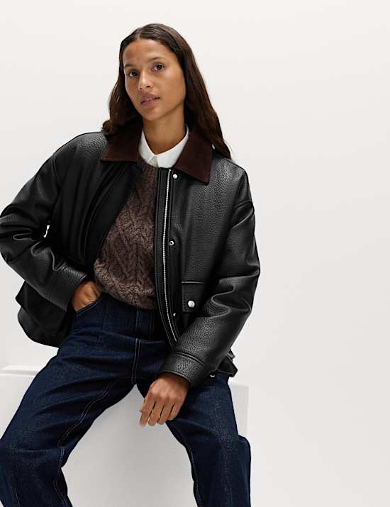 Veste matelassée en similicuir à col en velours côtelé