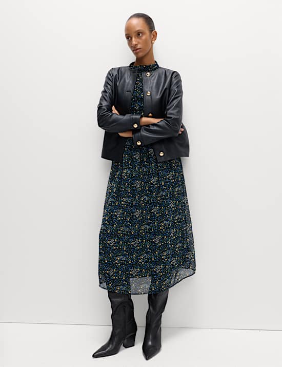 Faux Leather Collarless Jacket