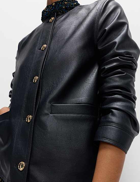 Faux Leather Collarless Jacket