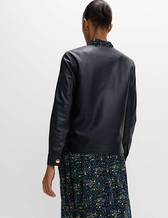 Faux Leather Collarless Jacket