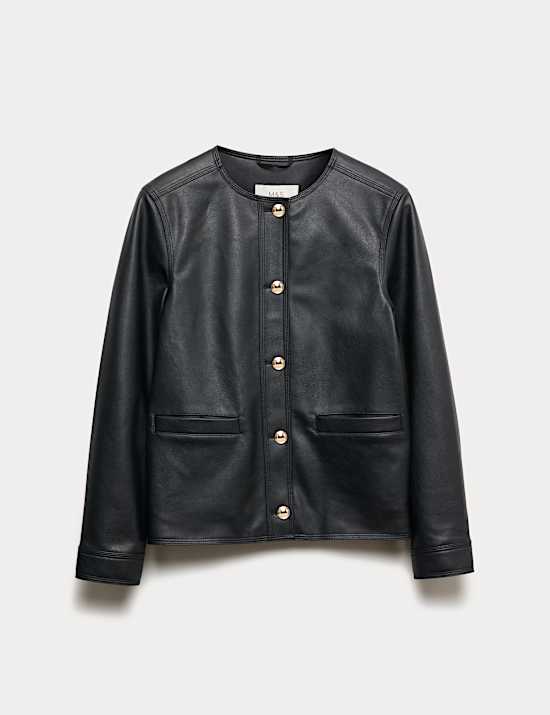 Faux Leather Collarless Jacket