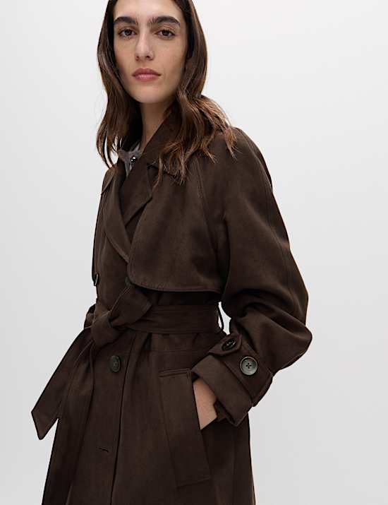 Double Breasted Longline Suedette Trench Coat