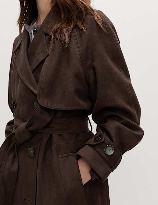 Double Breasted Longline Suedette Trench Coat