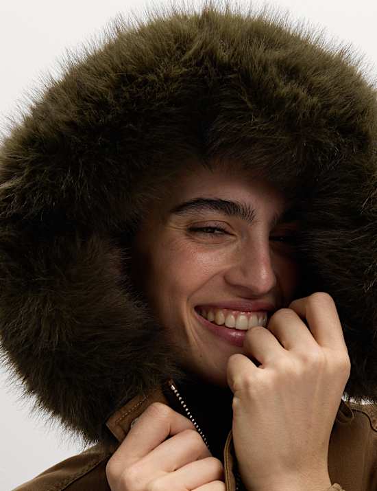 Pure Cotton Faux Fur Trim Parka Coat