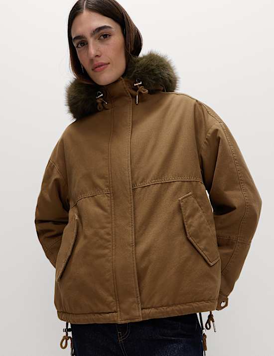 Pure Cotton Faux Fur Trim Parka Coat